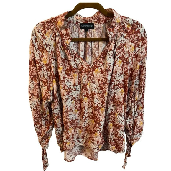 Cynthia Rowley Tops - Cynthia Rowley Floral V Neck Blouse with Tie Sleeves